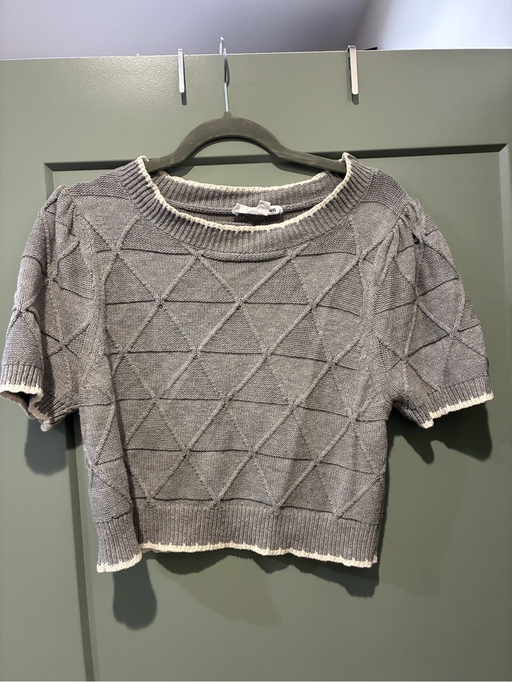 Day + MoonGray Short-Sleeve Knit Crew Sweater with Cream Trim